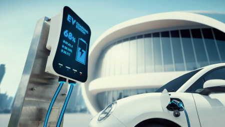 Innovative electric car connected to charging station with future architecture building background. Technological advancement rechargeable EV car using alternative clean and sustainable energy. Peruseの写真素材