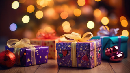 Christmas gift boxes on a wood table ready for joyful holiday celebration, merry Christmas and happy new year 2024 festival comelinessの素材
