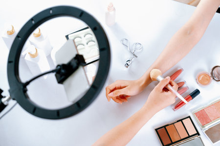 Close up top view image of beauty blogger or influencer shoot uttermost social media marketing or tutorial on online live streaming platformの写真素材