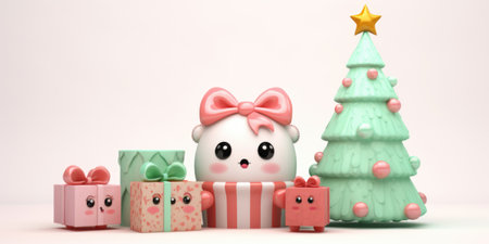 cute christmas cartoon 3D style on clean background with christmas trees comelinessの素材