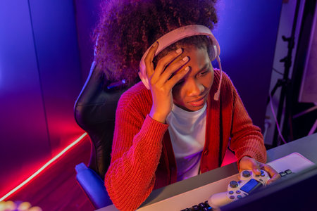 Host channel of gaming streamer, African girl wining with Esport skilled team player and viewers...