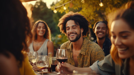 Group of friends gathering for wine tasting in countryside vineyard in summer harvesting season cheering and toasting with friendship comelinessの素材