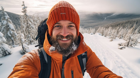Traveler influencer taking selfie during travel in winter season backpack on alps mountain comelinessの素材