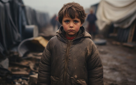 Civilian refugee affected from aggression of war and battle escape city from war zone which has no little comelinessの素材