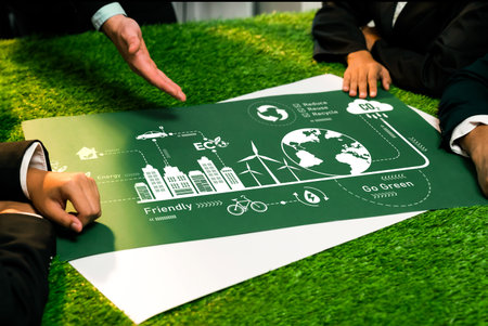 ESG investment project with business leaders in the meeting discuss and invest green project to save Earth with sustainable net zero and alternative energy technology for future environment. Relianceの写真素材