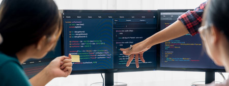 Young Professional website developer and cooperative computer engineer team brainstorming and...