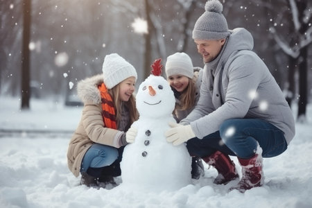 Happy father, mother and kids gathering in snow-covered park together sculpting funny snowman from snow. Parents and children playing outdoor in winter forest. Family active holiday comelinessの素材
