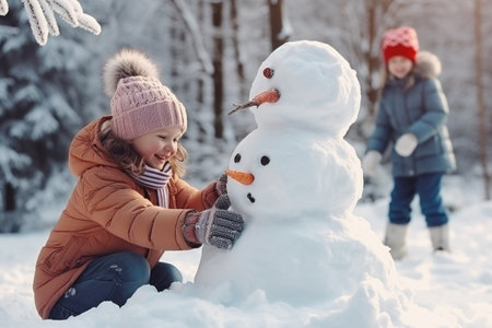 Happy father, mother and kids gathering in snow-covered park together sculpting funny snowman from snow. Parents and children playing outdoor in winter forest. Family active holiday comelinessの素材