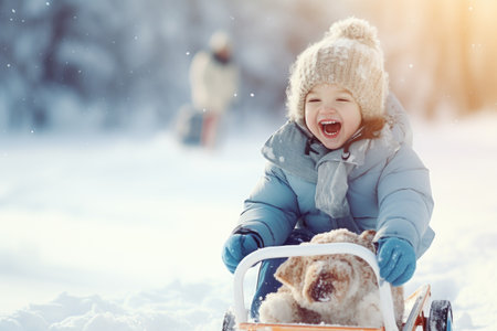 Funny little child runs on sledge in snow. Active sports games in winter time. Happy winter holidays concept. comelinessの素材