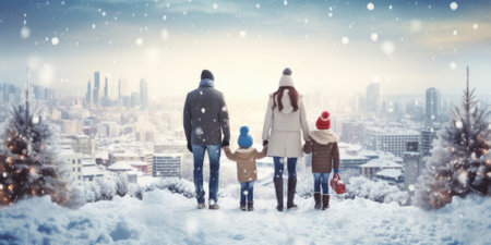 Happy family Father, mother and children are having fun and playing on snowy winter walk in nature. comelinessの素材
