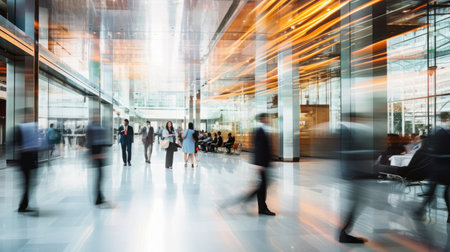 Business people rushing in office lobby with motion blurの素材