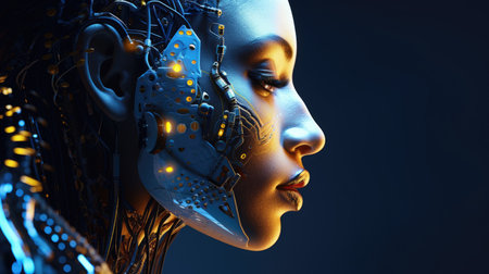AI Artificial Intelligence concept. Woman robot face with brain of digital technology for deep learning, Machine learning and Singularity.の素材