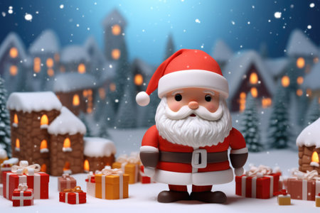 3D cartoon Santa Claus in the North Pole village getting ready for the Christmas holiday season comelinessの素材