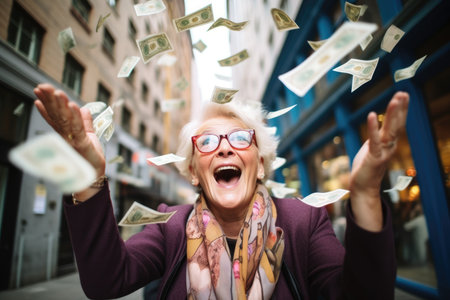 Happy person getting bonus money and banknotes flying in the air and get lucky rich and financial freedom comelinessの素材