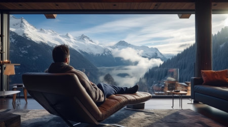 Traveler enjoying weekends inside contemporary barn house in the mountains. Happy tourist looking through panoramic windows in new cottage. comelinessの素材