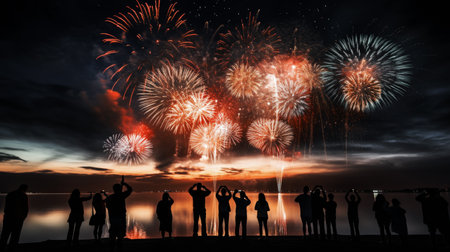 Firework explosion in the night sky celebrating happy new year 2024 . National firework shooting in the beautiful sky for a new year day of year 2024 .の素材