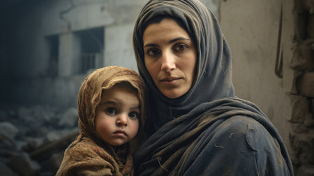 Civilian refugee affected from aggression of war and battle escape city from war zone which has no little comelinessの素材