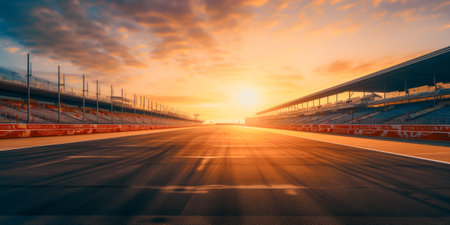 F1 race track circuit road with motion blur and grandstand stadium for Formula One racingの素材