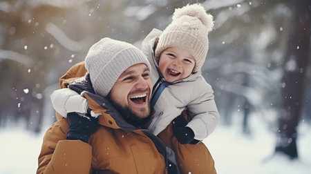 Happy family having fun while travel outdoor in winter enjoying time together comelinessの素材