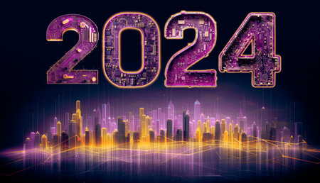 2024 new year, digital technology concept, above futuristic city skyline computer and artificial intelligence, AI for 2024 taintless lifestyleの素材