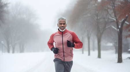 Healthy person running in public park in winter comeliness practicing fitness and strengthの素材