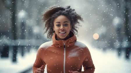 Healthy person running in public park in winter comeliness practicing fitness and strengthの素材