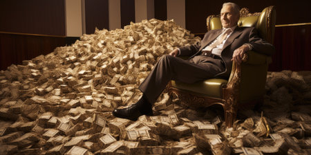 Billionaire on Huge Pile of Banknotes Rich and Prosperity Comelinessの素材