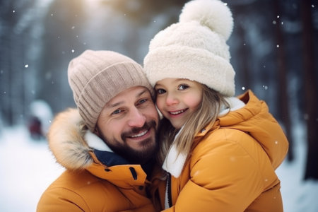 Happy family having fun while travel outdoor in winter enjoying time together comelinessの素材