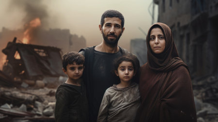 Civilian refugee affected from aggression of war and battle escape city from war zone which has no little comelinessの素材