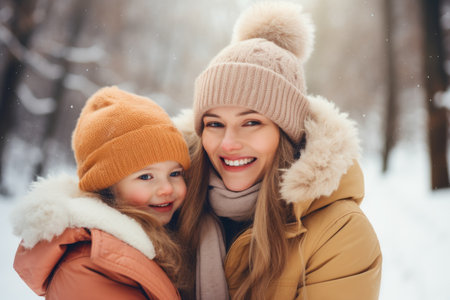Happy family having fun while travel outdoor in winter enjoying time together comelinessの素材