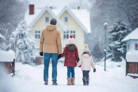 Happy family Father, mother and children are having fun and playing on snowy winter walk in nature. comelinessの素材
