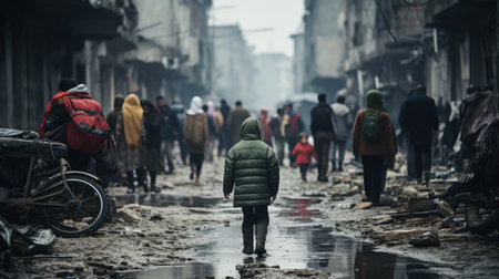 Civilian refugee affected from aggression of war and battle escape city from war zone which has no little comelinessの素材