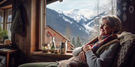 Traveler enjoying weekends inside contemporary barn house in the mountains. Happy tourist looking through panoramic windows in new cottage. comelinessの素材