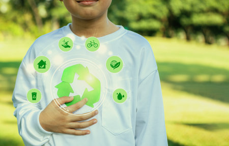 Green recycle symbol for environmental sustainability and natural protection awareness campaign with...