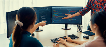Young Professional website developer and cooperative computer engineer team brainstorming and...
