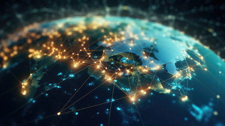 Communication technology with connections around globe Earth showing concept of Internet, IoT, cyberspace, global business, innovation, big data science, digital finance, blockchain.の素材