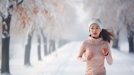 Healthy person running in public park in winter comeliness practicing fitness and strengthの素材