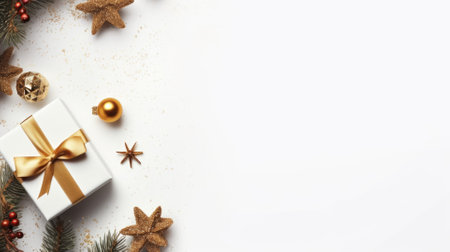 New Year banner with Christmas gift boxes and golden decorations on clear background. comelinessの素材