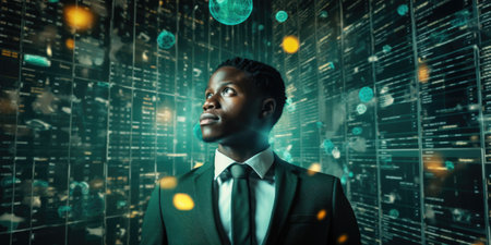 Tech analyst study cyber data chart from corporate system for statistical analytic defining marketing plan and strategy to compete in futuristic technology businessの素材