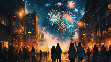 Firework explosion in the night sky celebrating happy new year 2024 . National firework shooting in the beautiful sky for a new year day of year 2024 .の素材