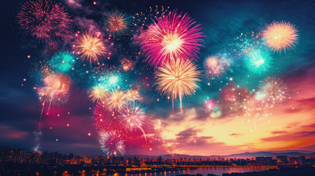 Firework explosion in the night sky celebrating happy new year 2024 . National firework shooting in the beautiful sky for a new year day of year 2024 .の素材