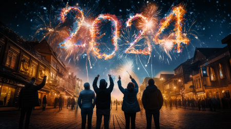 Firework explosion in the night sky celebrating happy new year 2024 . National firework shooting in the beautiful sky for a new year day of year 2024 .の素材