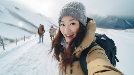 Traveler influencer taking selfie during travel in winter season backpack on alps mountain comelinessの素材