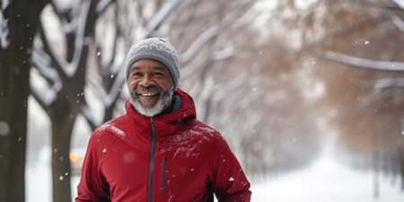 Healthy person running in public park in winter comeliness practicing fitness and strengthの素材