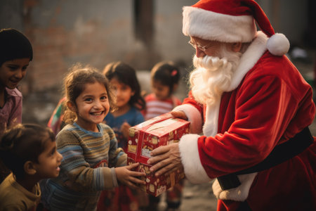 Santa Claus giving christmas gift to children in the city with comelinessの素材