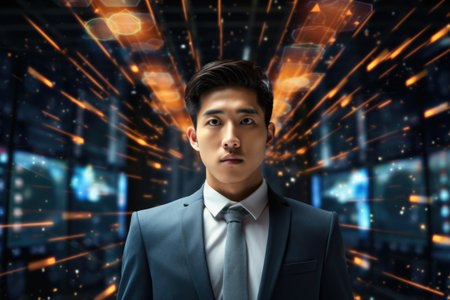 Tech analyst study cyber data chart from corporate system for statistical analytic defining marketing plan and strategy to compete in futuristic technology businessの素材