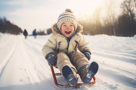 Funny little child runs on sledge in snow. Active sports games in winter time. Happy winter holidays concept. comelinessの素材
