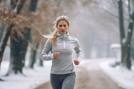 Healthy person running in public park in winter comeliness practicing fitness and strengthの素材