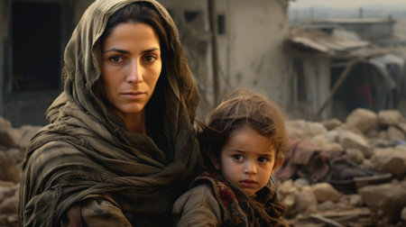 Civilian refugee affected from aggression of war and battle escape city from war zone which has no little comelinessの素材