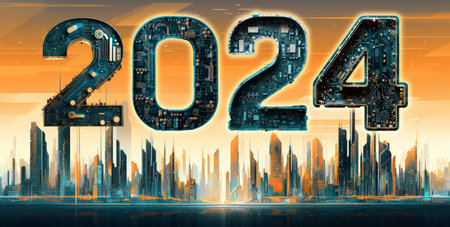 2024 new year, digital technology concept, above futuristic city skyline computer and artificial intelligence, AI for 2024 taintless lifestyleの素材